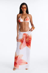 Cora 3 Piece Floral Triangle Bikini & Mesh Cover Up Maxi Skirt Sunsuit - Orange/combo