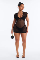 Heat Struck Short Sleeve Mini Swim Cover Up Dress - Black