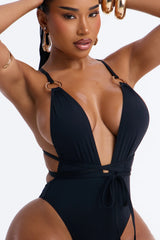Deep In The Shore Strappy 1 Piece Plunge Swimsuit - Black
