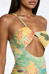 Areli Abstract One shoulder Cut Out 1 Piece Swimsuit & Sarong Set - Green/combo