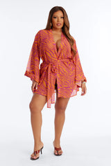 Nothing But A Stripe Waist Tie Swim Cover Up Kimono - Pink/combo