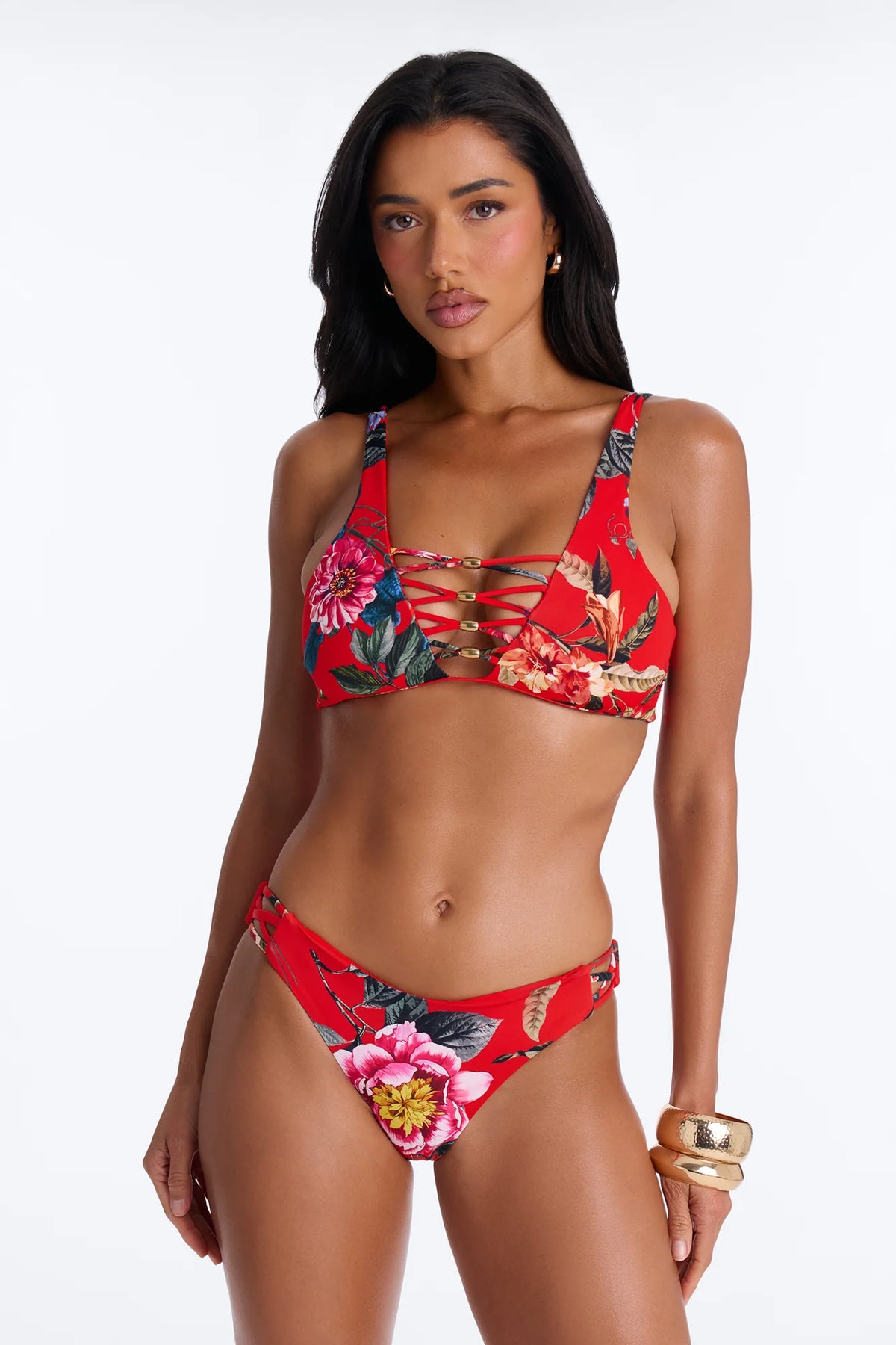 Ocean Rendezvous 2 Piece Floral Bralette Bikini Set - Red/combo