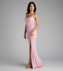 Aylani Cowl Neck Slit Mermaid Glitter Formal Dress