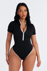 Elevated Ribbed 1 Piece Zip Up Short Sleeve Swimsuit - Black/White
