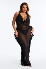 Keep Cool Fringe Hooded Mesh Cover Up Maxi Dress - Black