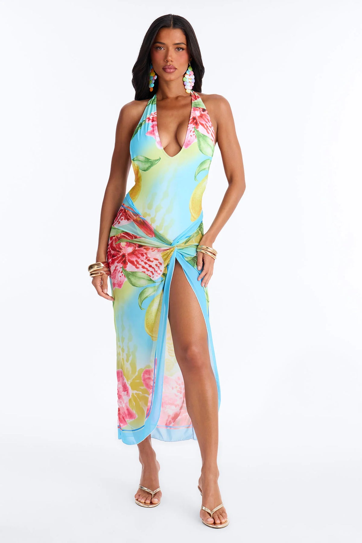 Tropical Escape 1 Piece Plunge Swimsuit & Mesh Cover Up Maxi Skirt Set - Multi Color