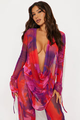 Summer Muse Cowl Neck Mesh Cover Up Pants Set - Red/combo