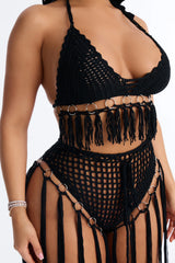 Desert Dreams 2 Piece Halter Bralette Crochet Fringe Sunsuit - Black
