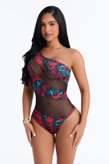 By The Coast Roses Mesh Cut Out One Shoulder 1 Piece Swimsuit - Red/combo