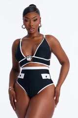 Classic Chic Summer Pearl Flower Bralette Bikini Set - Black/White