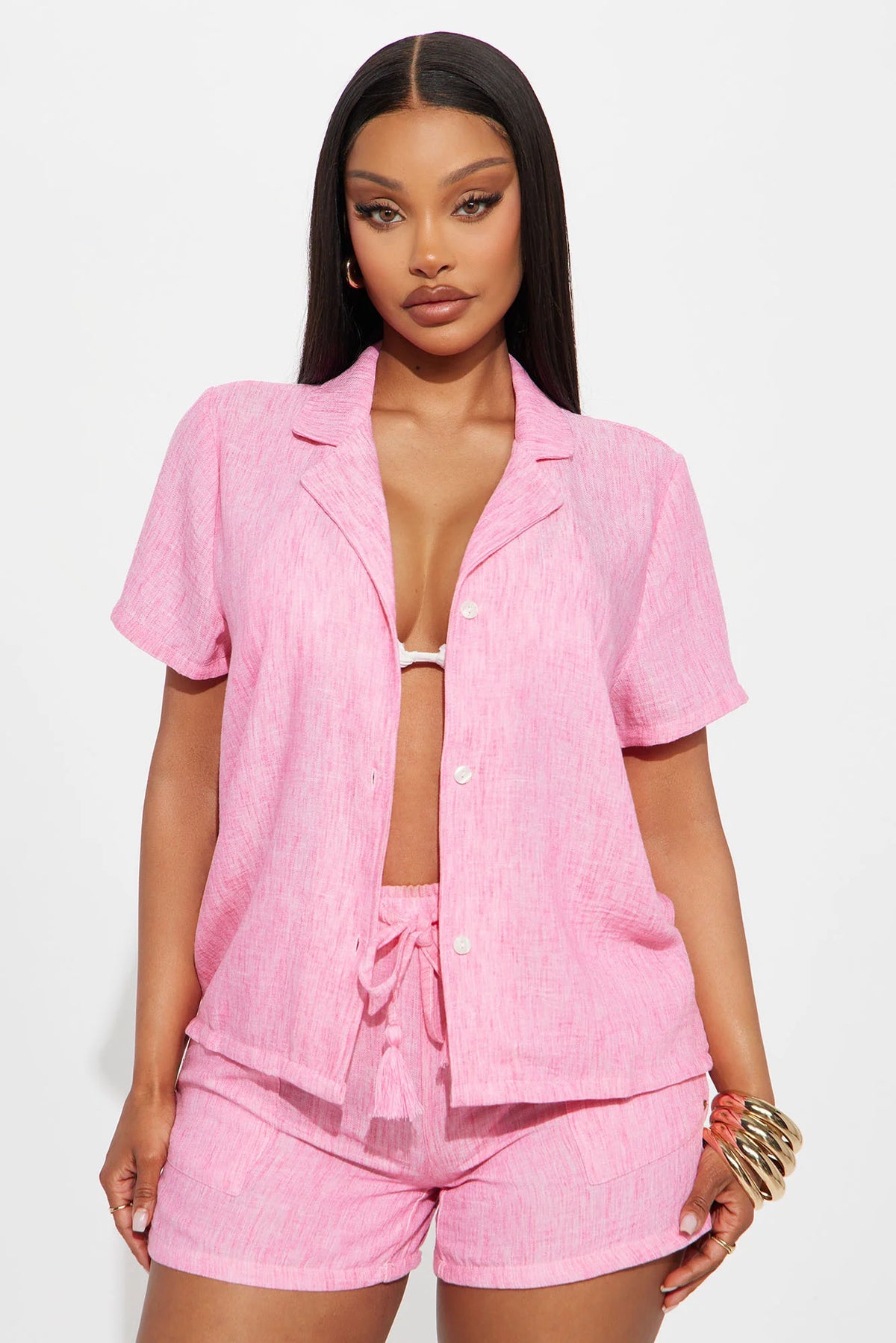 Keep It Simple Gauze Cover Up Shorts Set - Pink