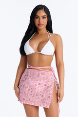 Salt Water Embellished Floral Sequin Trim Strappy Waist Tie Swim Cover Up Skirt - Pink