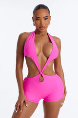 Unforgettable 1 Piece Plunge Cut Out Swimsuit Romper - Fuchsia