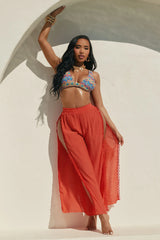 Beachside Breeze Linen High Side Slit Cover Up Pants - Coral