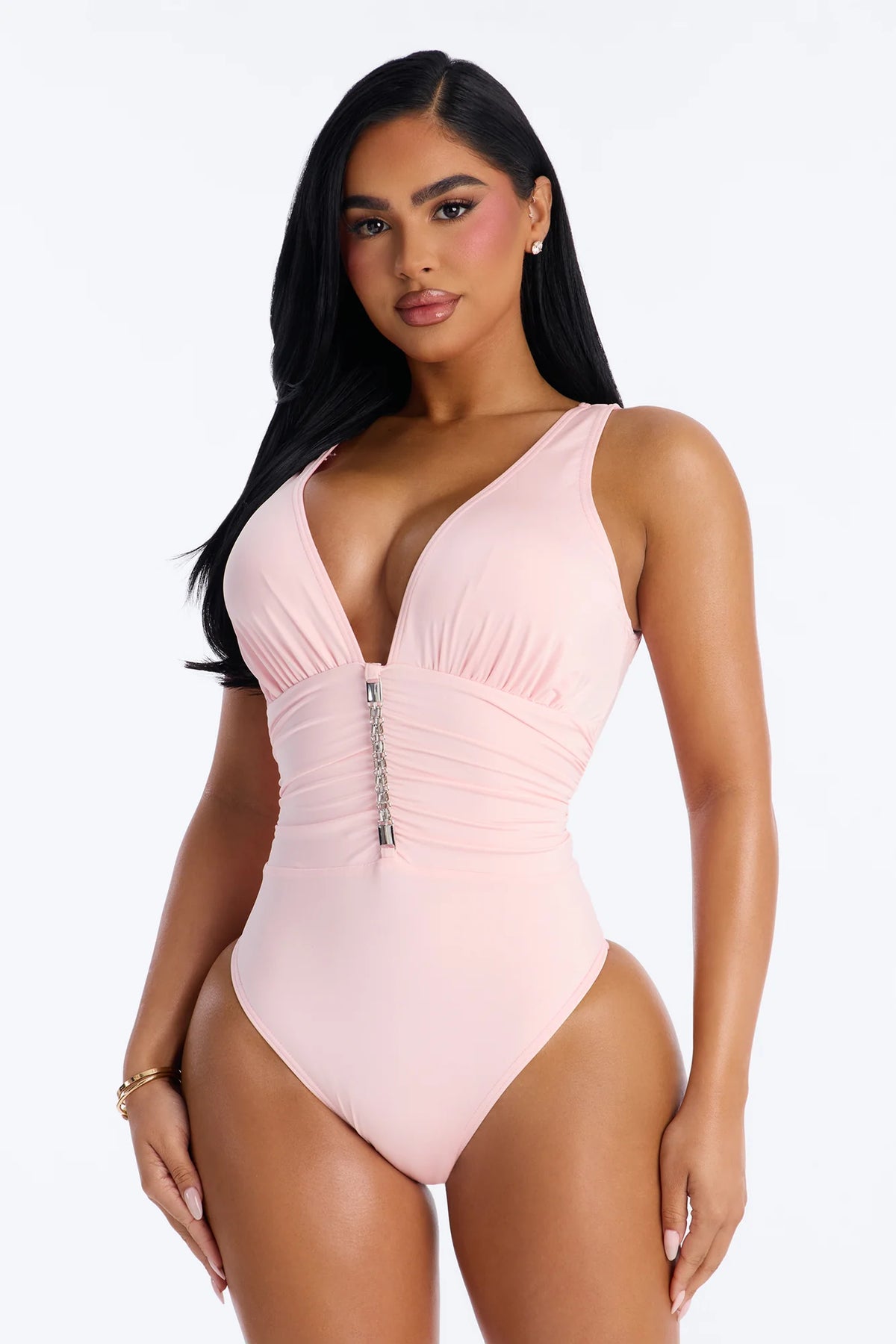 Shore Walks Ruching Hardware 1 Piece Swimsuit - Light Pink