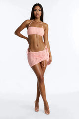 Textured Swirl 3 Piece Halter Bandeau Bikini & Mini Cover Up Skirt Sunsuit - Pink/combo