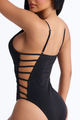 Quick Dip Side Cut Out Strappy Ribbed 1 Piece Swimsuit - Black