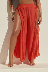 Beachside Breeze Linen High Side Slit Cover Up Pants - Coral