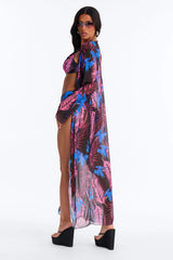 Nothing Like The Tropical Floral Underwire One Shoulder High Waist Maxi 3 Piece Bikini Kimono Set - Purple/combo