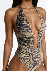 Ollie Pearl Hardware Plunging Neck 1 Piece Swimsuit - Black/combo