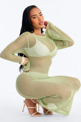 Coastal Veil Crochet Cover Up Bell Sleeve Dress - Sage