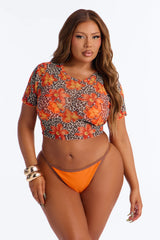 Sally Leopard Floral 2 Piece Bikini & Cover Up Top - Orange/combo