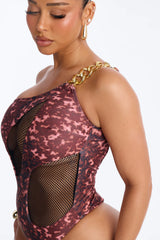 Shore Love Everything Hardware Chain Strap Fishnet Cutout 1 Piece Swimsuit - Burgundy