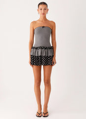 Yerin Strapless Frill Mini Dress - Grey Polkadot
