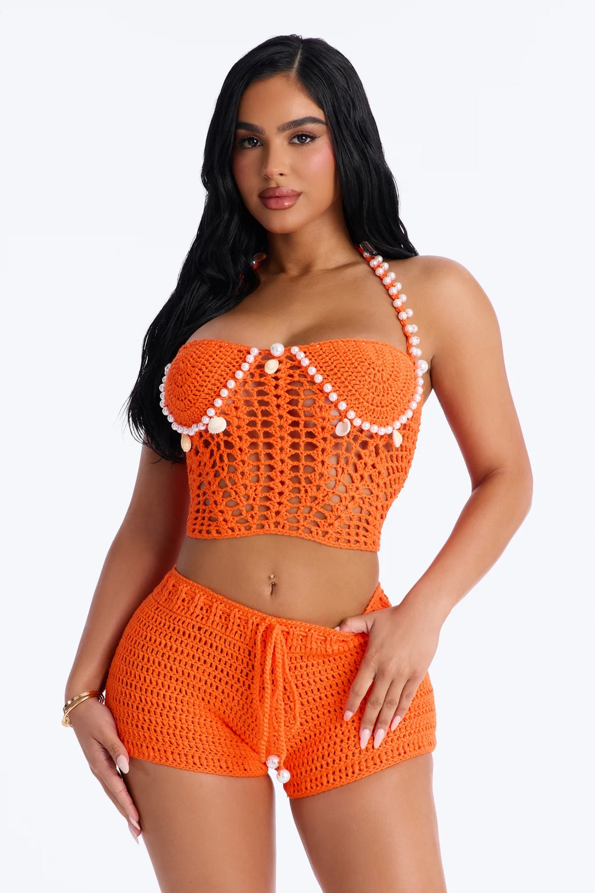 Kalea Pearls & Shells Rope Crochet 2 Piece Sunsuit - Orange