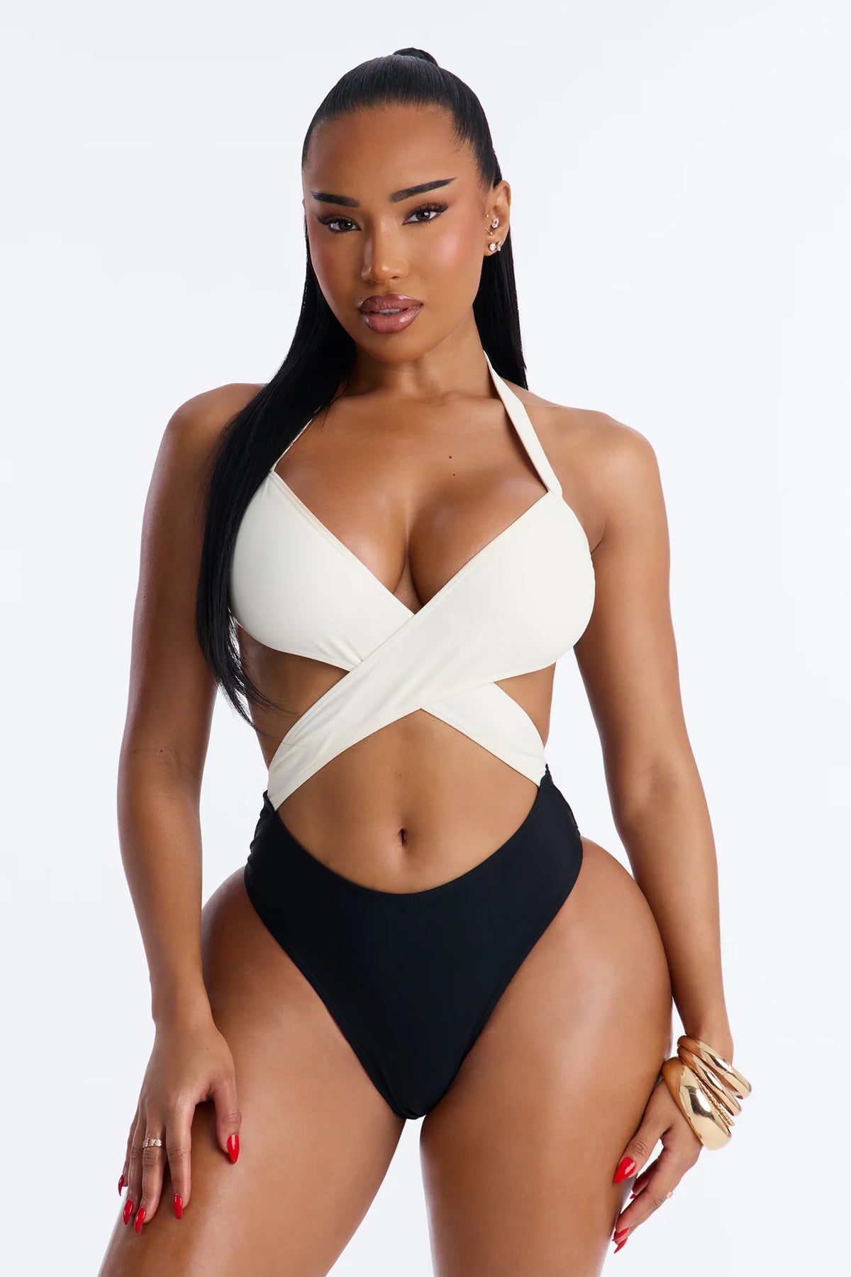 High Tide 1 Piece Wrap Halter Swimsuit - White/Black