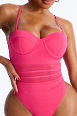 Pier Pressure Underwire Mesh Cutout 1 Piece Swimsuit - Hot Pink