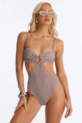Buns Out Geometric Sweetheart Back Tie 1 Piece Swimsuit - Brown