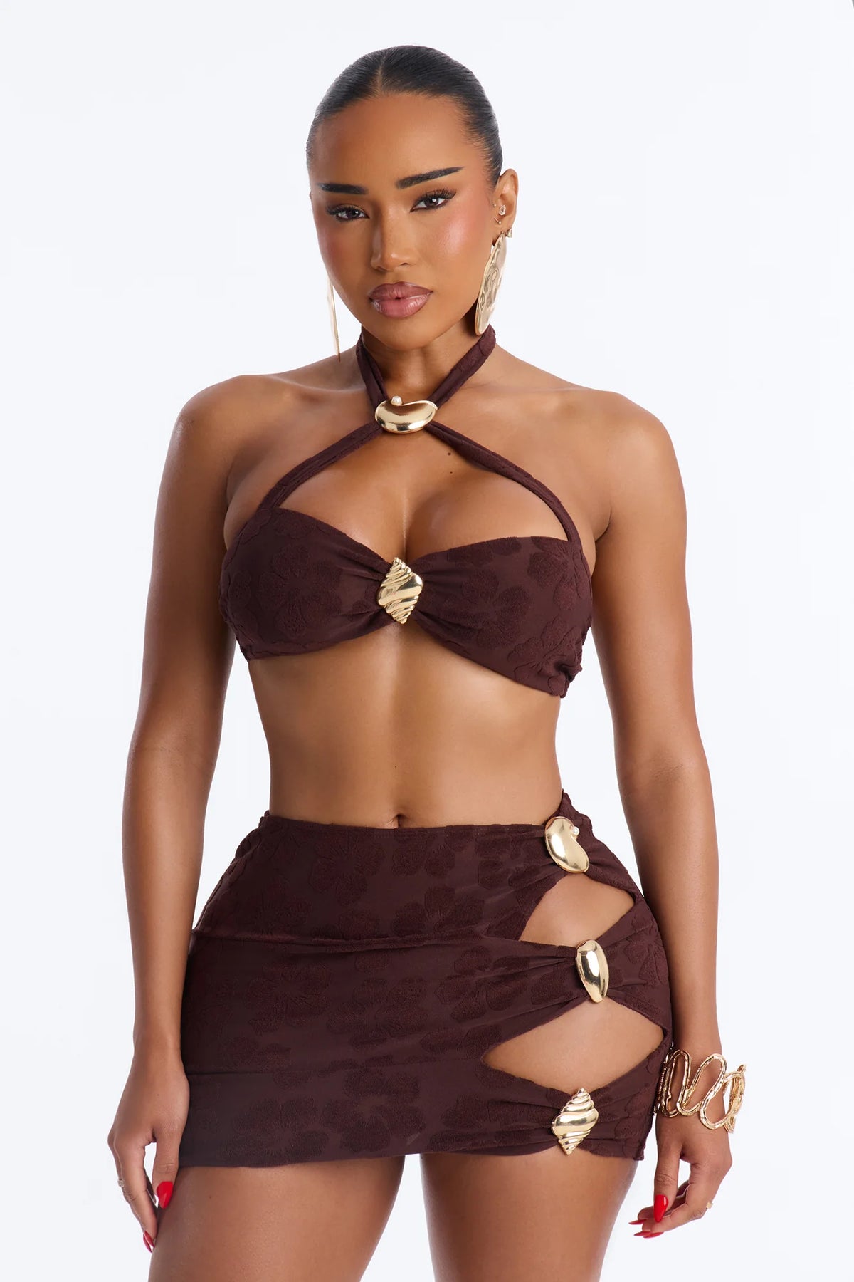 Coconut Drip Textured Hibiscus 3 Piece Bikini Skirt Set - Brown